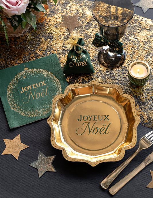 10er Set Weihnachtsteller Glanz-Design Gold & Tannengrün 21 cm
