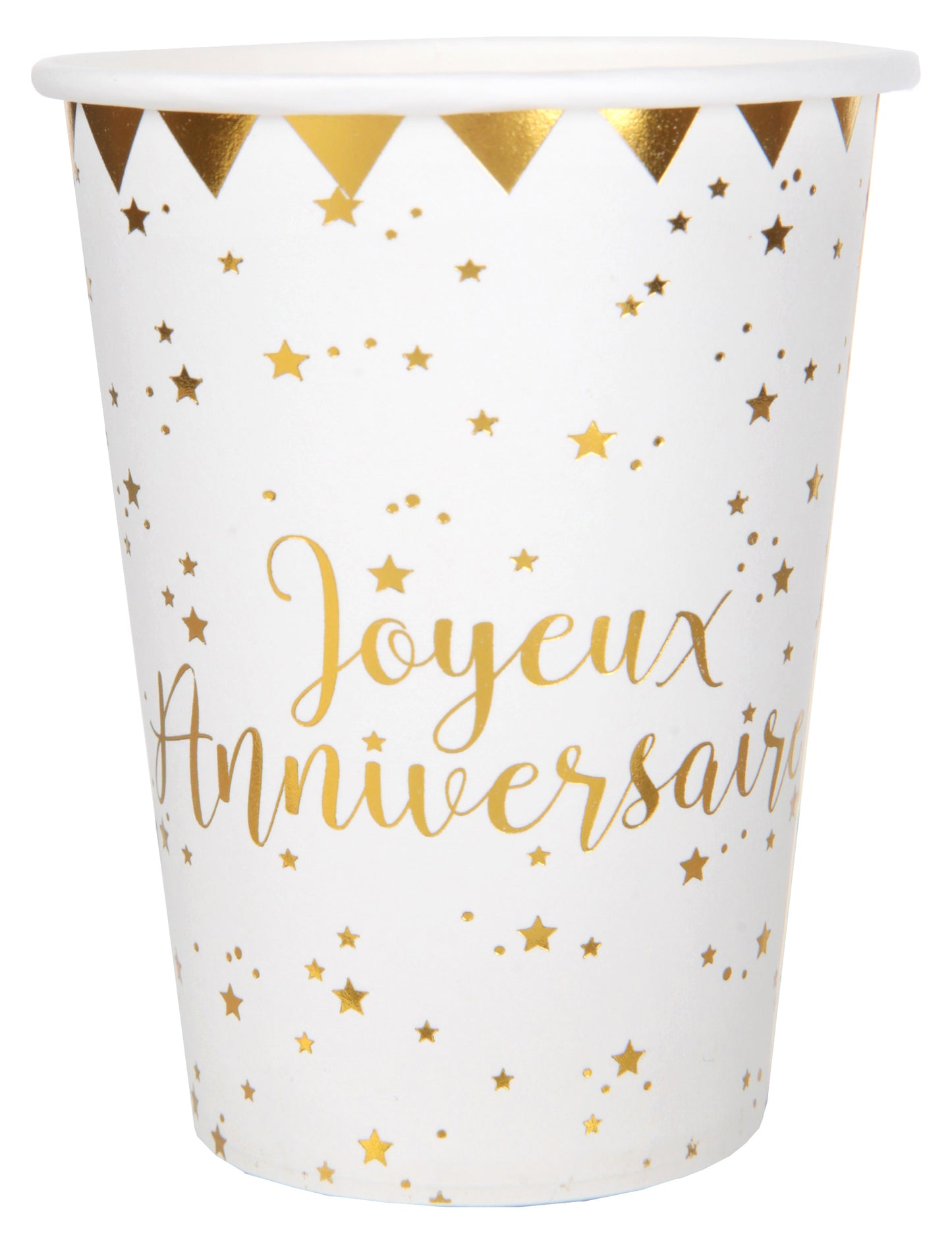 Gobelets en carton Joyeux Anniversaire blanc et doré métallisé avec étoiles
