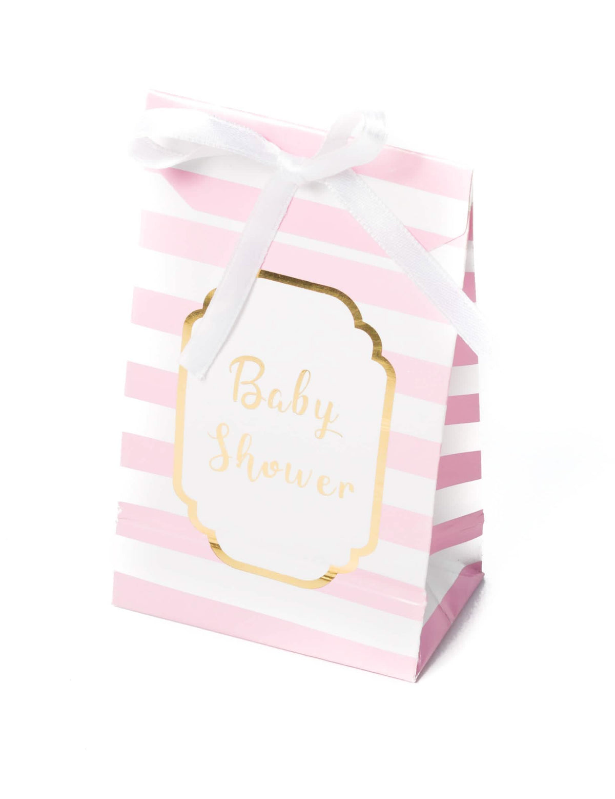 Pochettes cadeaux baby shower rose et or à rayures avec ruban blanc