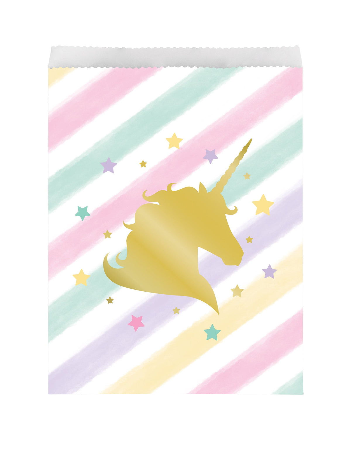 Sachet en papier licorne étoiles pastel avec silhouette dorée