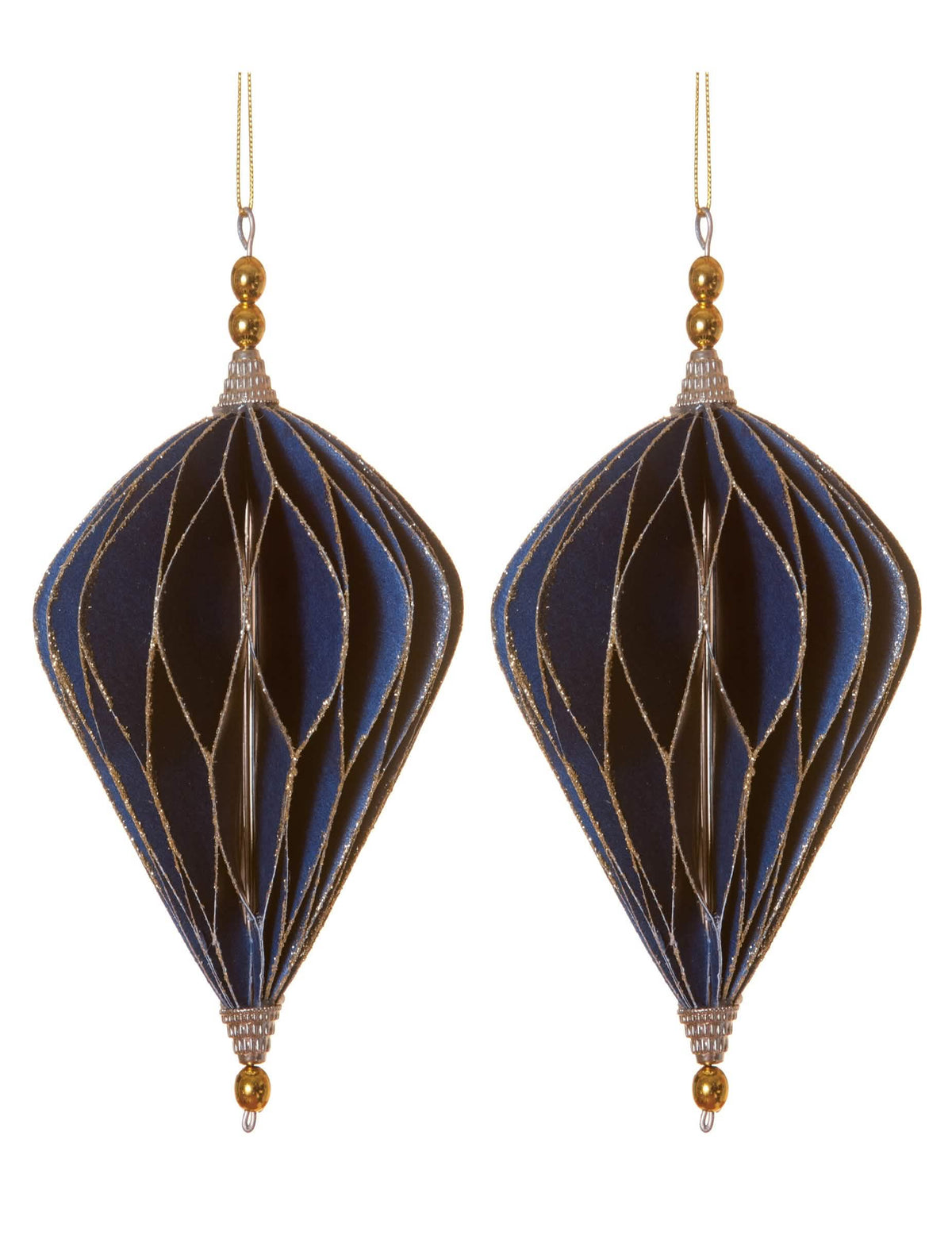 2 suspensions origami losanges pour décoration bleus et or