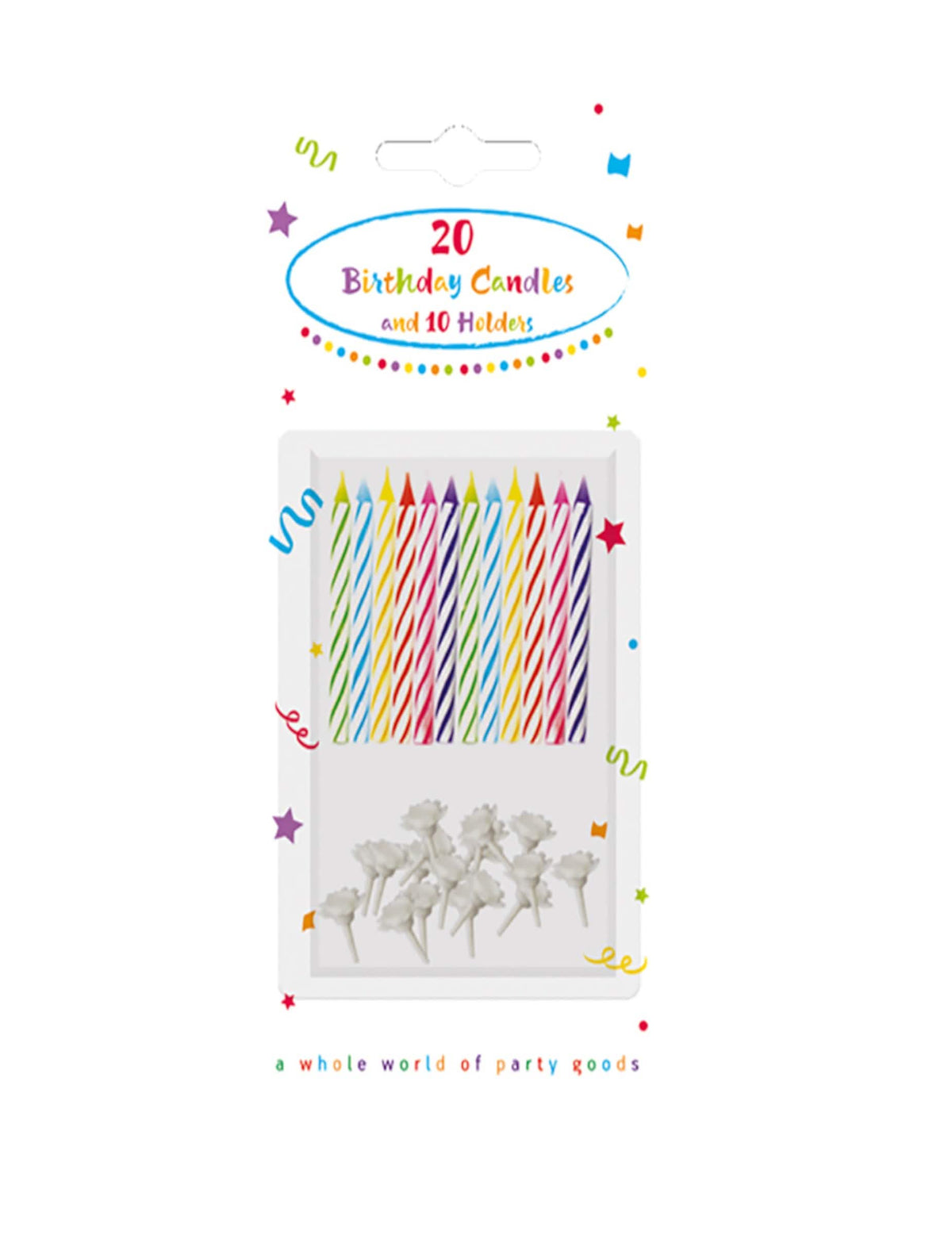 Vue du packaging des bougies pour gâteau d'anniversaire multicolores à rayures avec bobèches