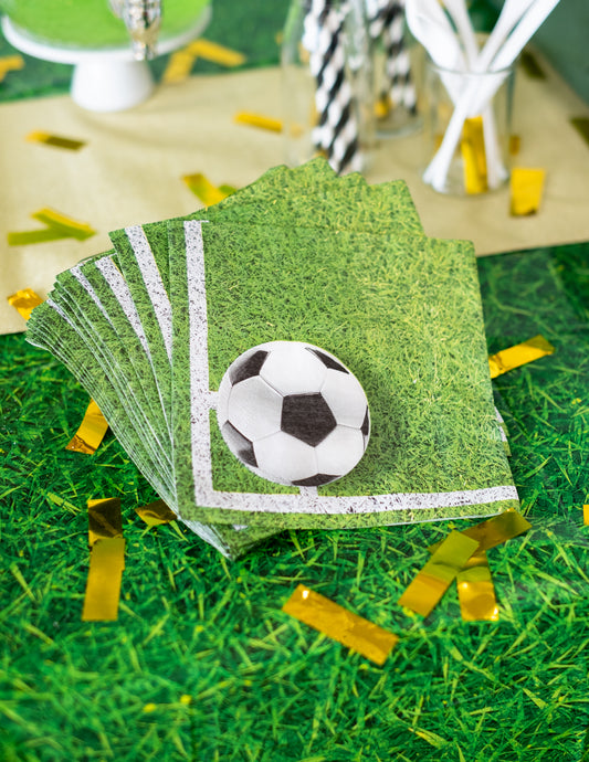 Vue en éventail du lot de serviettes en papier football pour fête