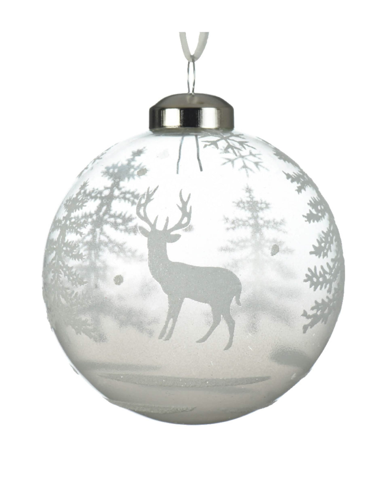Boule en verre avec motifs enneigés pour sapin transparente et blanche