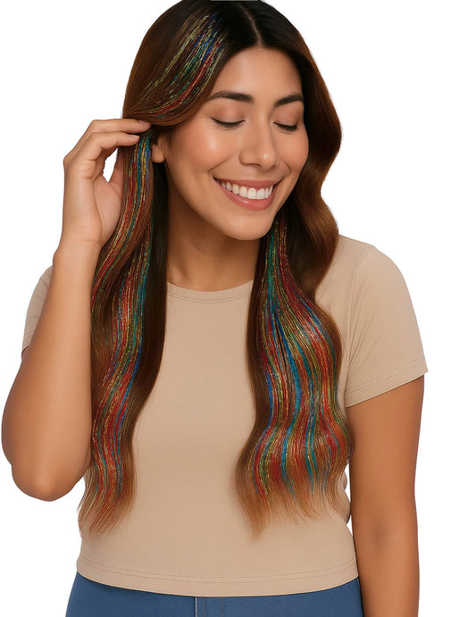 Détail de la pose des 3 mèches brillantes multicolores pour femme à paillettes