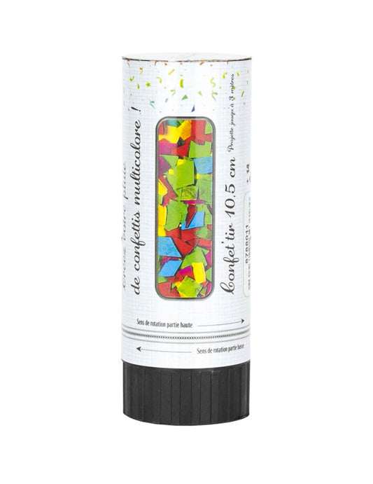 Gros plan sur le tube du canon à confettis multicolores