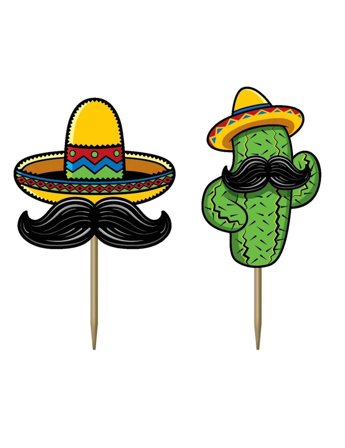 Pics en carton fiesta mexicaine motifs cactus et sombrero à moustaches jaune et vert