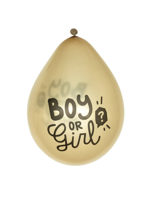 Gros plan sur l'imprimé des ballons en latex Boy or Girl pour gender reveal dorés