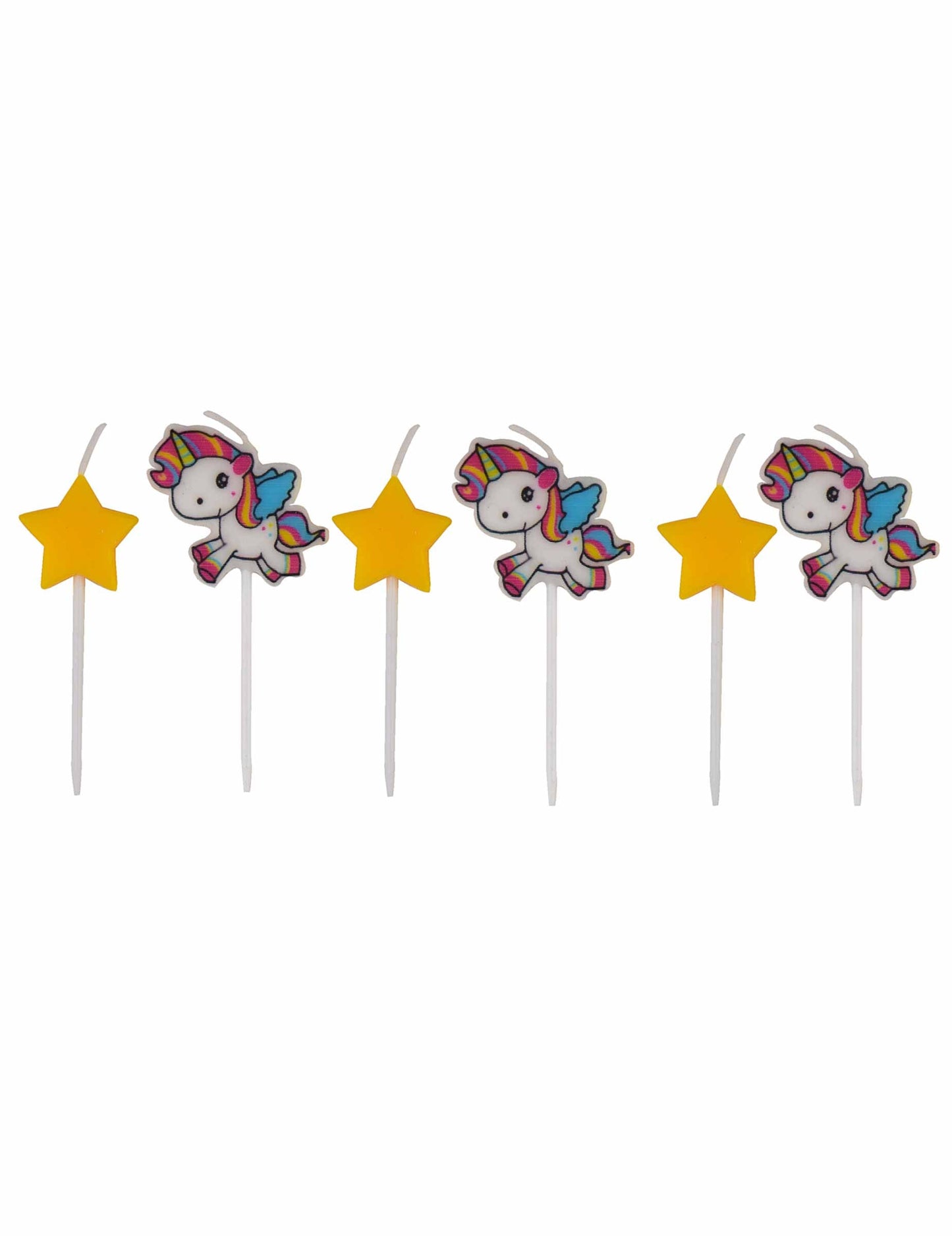6 bougies licorne pour enfant multicolores avec étoiles jaunes