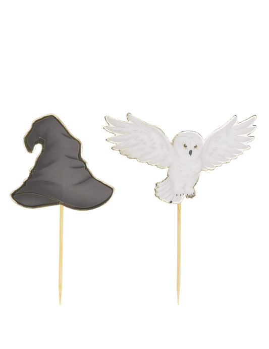 Détail du chapeau et de la chouette des Décorations pour gâteau apprenti sorcier