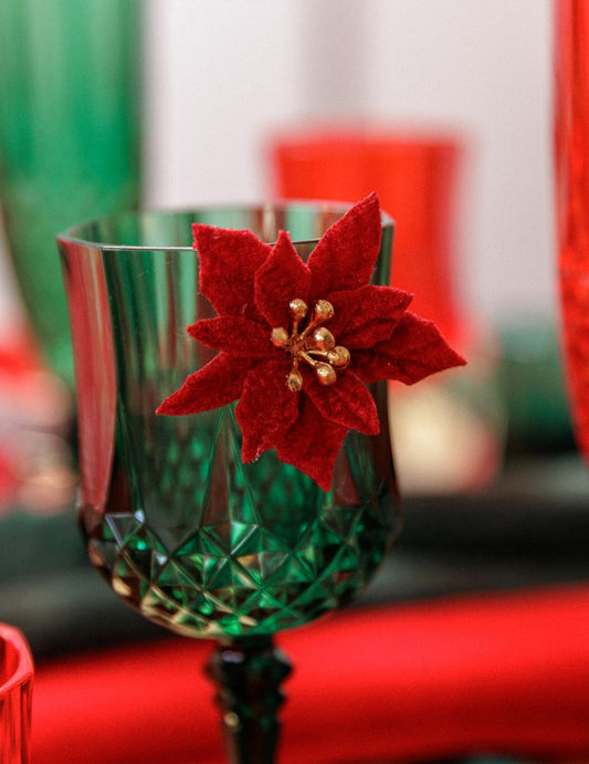 6 selbstklebende Poinsettia-Blüten aus Samt Rot & Gold 5,5 cm
