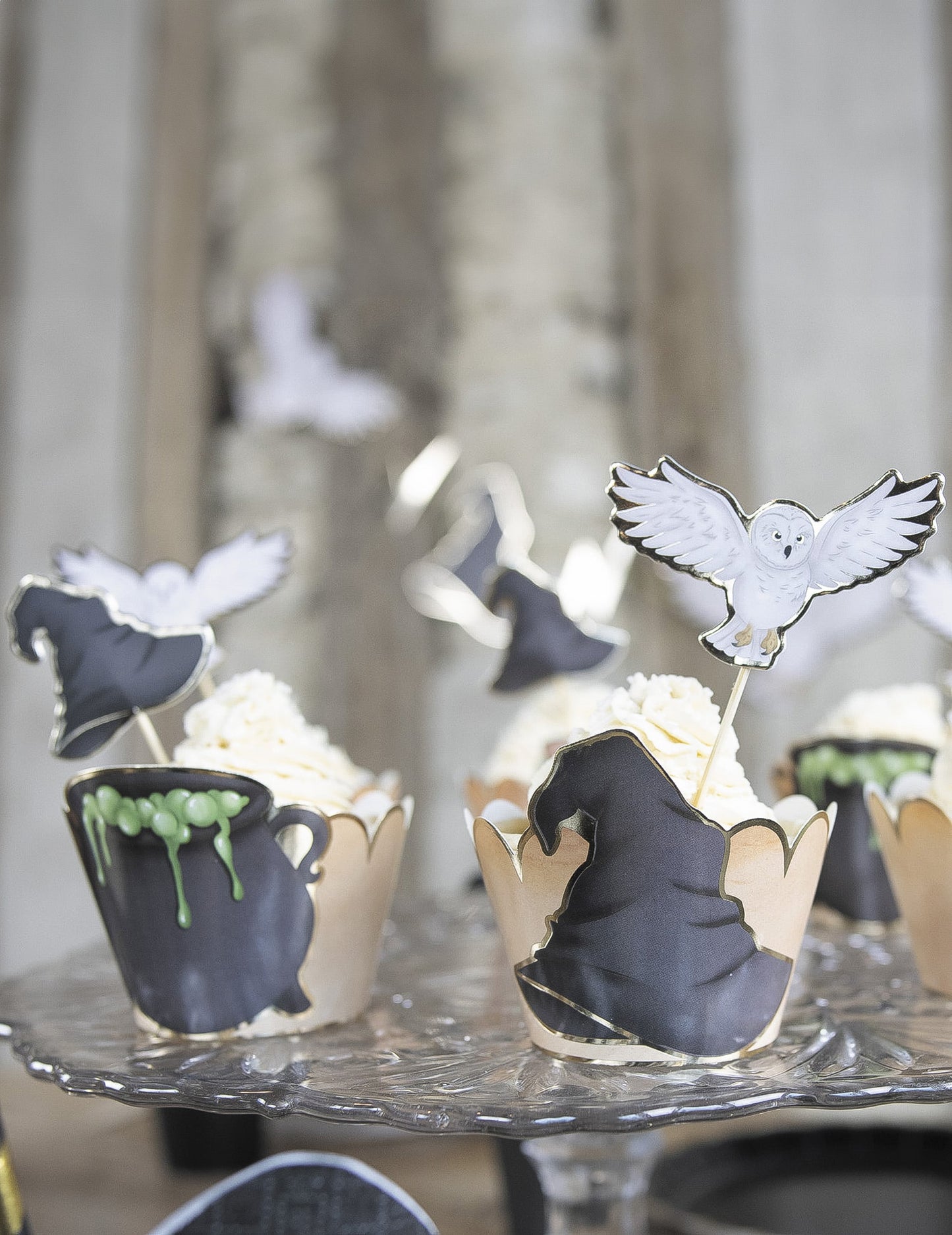 Gros plan sur les toppers hibou et chapeau des habillages moules à cupcake apprenti sorcier