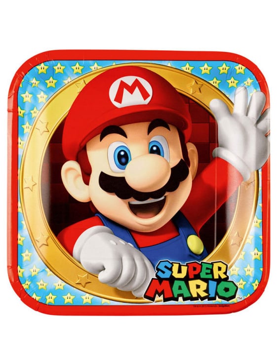 Assiettes en carton Super Mario pour fête rouges et bleues avec motif étoiles