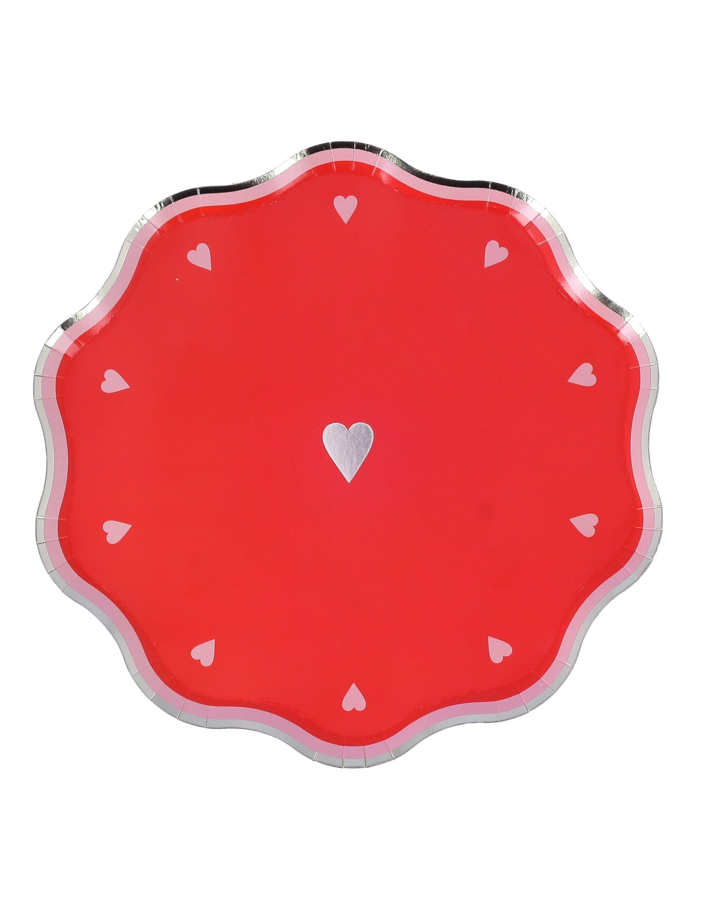 Assiettes en carton Dame de cœur rouge avec motifs cœurs et bordure festonnée