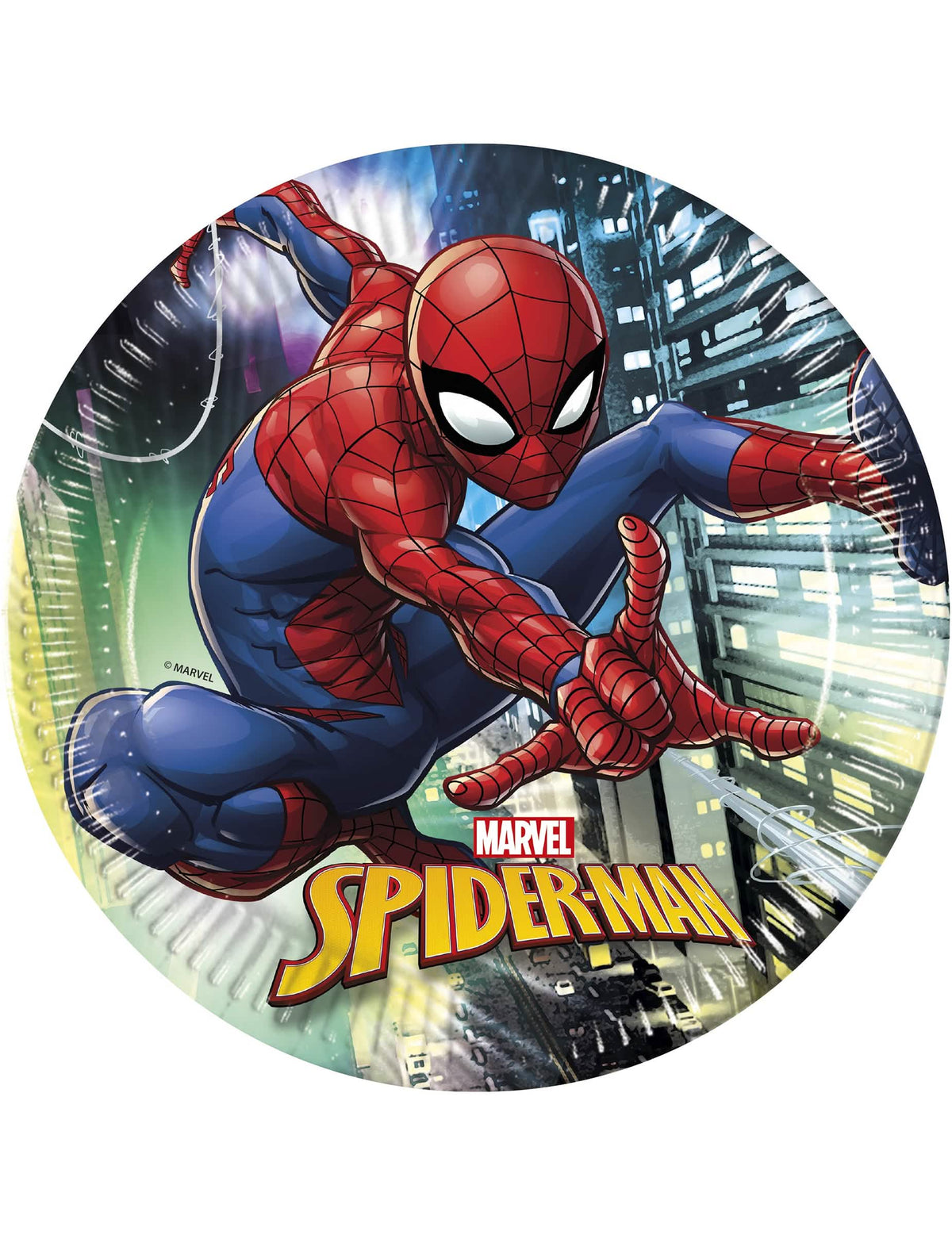 Assiettes en carton Spiderman bleues et rouges avec décor urbain