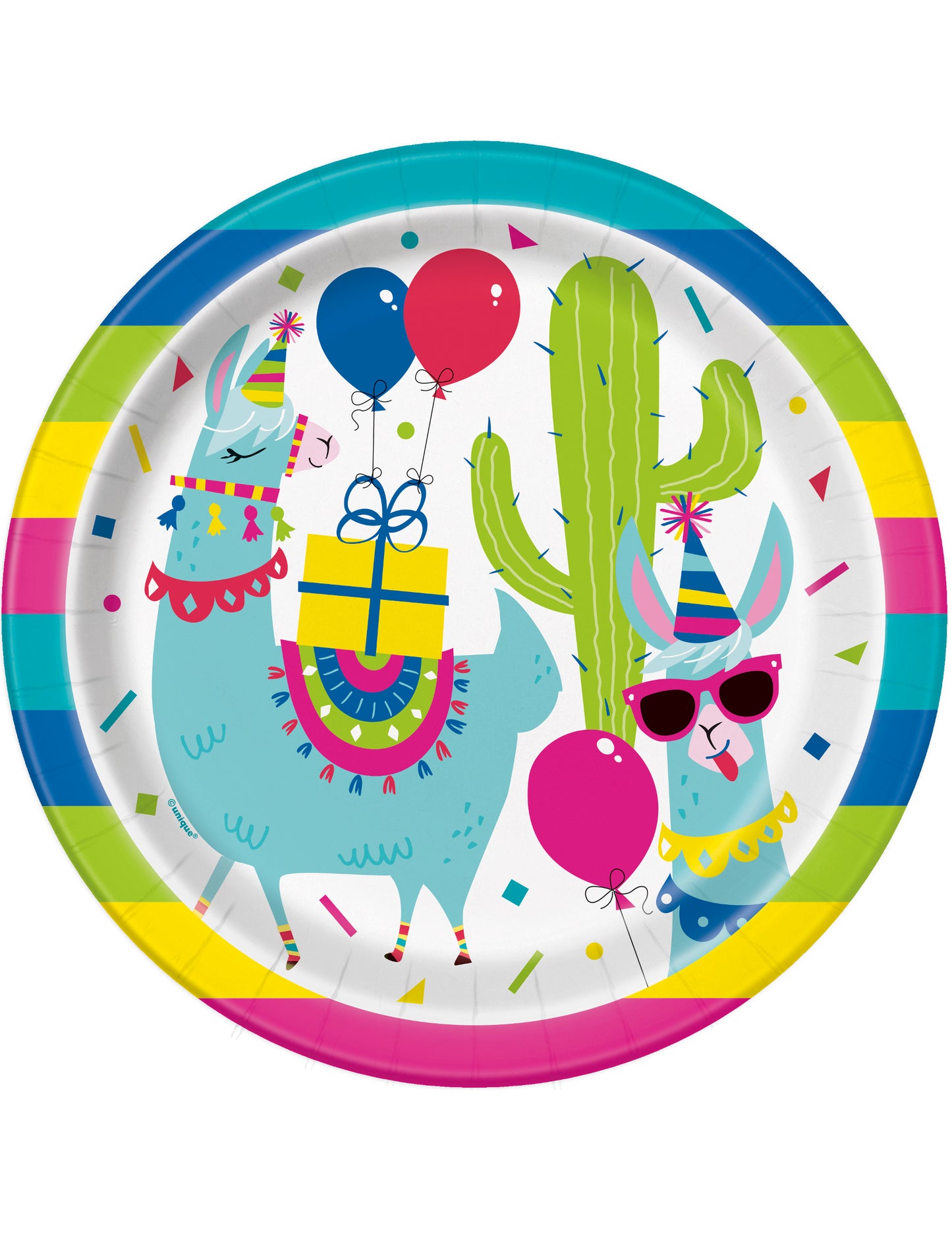 Assiettes en carton anniversaire lama multicolores avec cactus et ballons