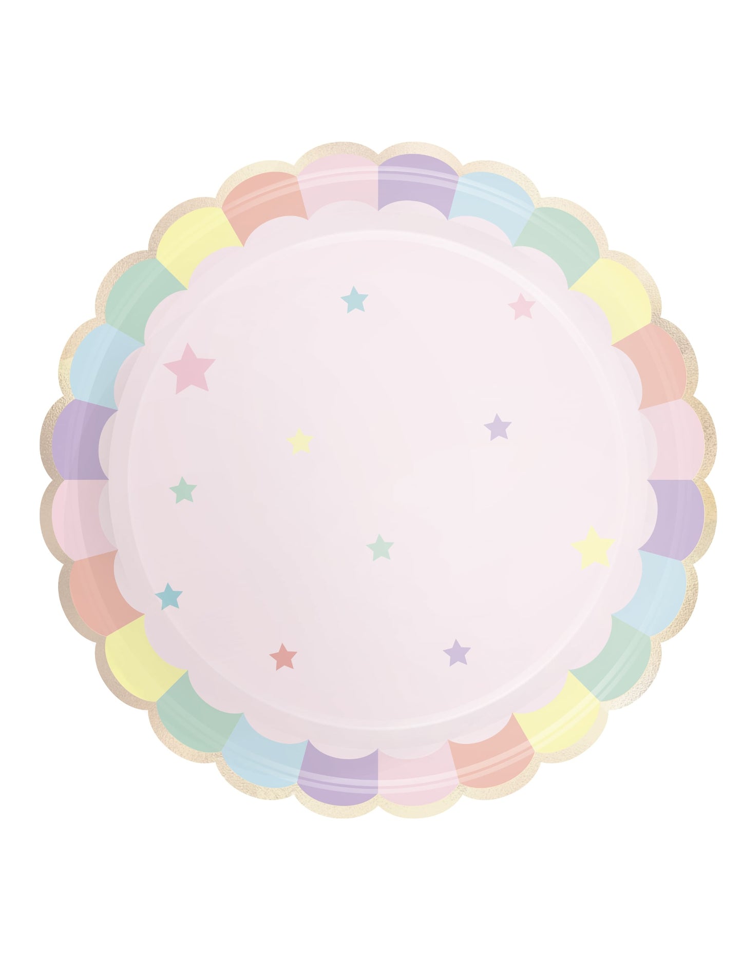 Assiettes festonnées en carton étoiles arc-en-ciel rose pastel