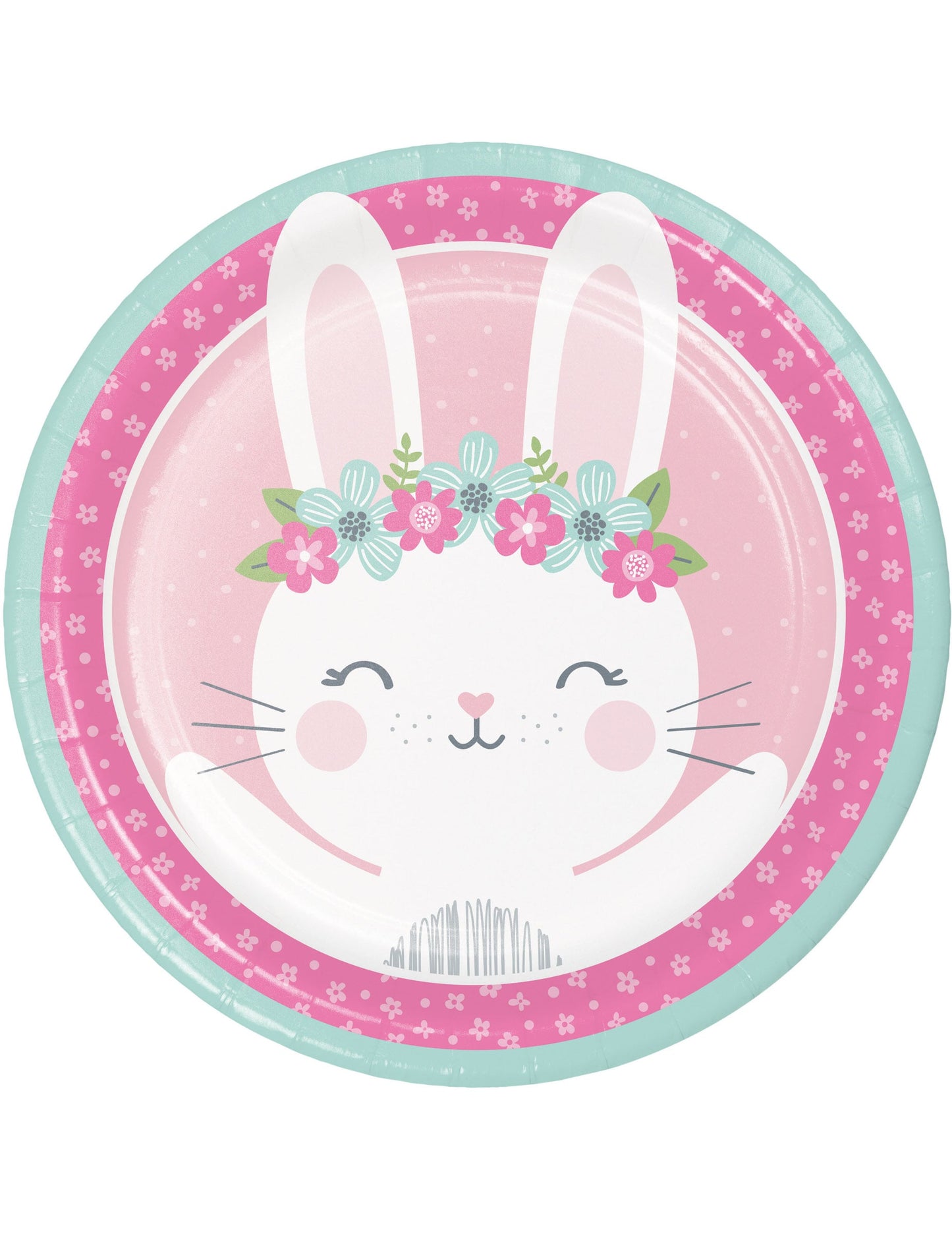 Assiettes en carton petit lapin pour anniversaire roses et vert d'eau