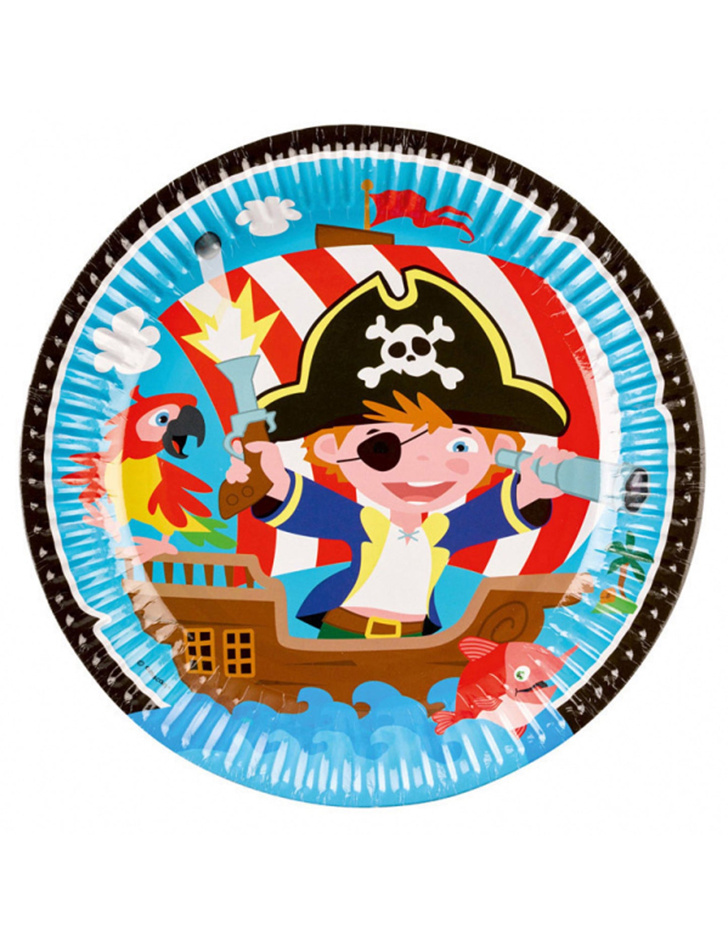 Assiettes en carton pirate petit moussaillon pour anniversaire multicolores avec bateau et perroquet