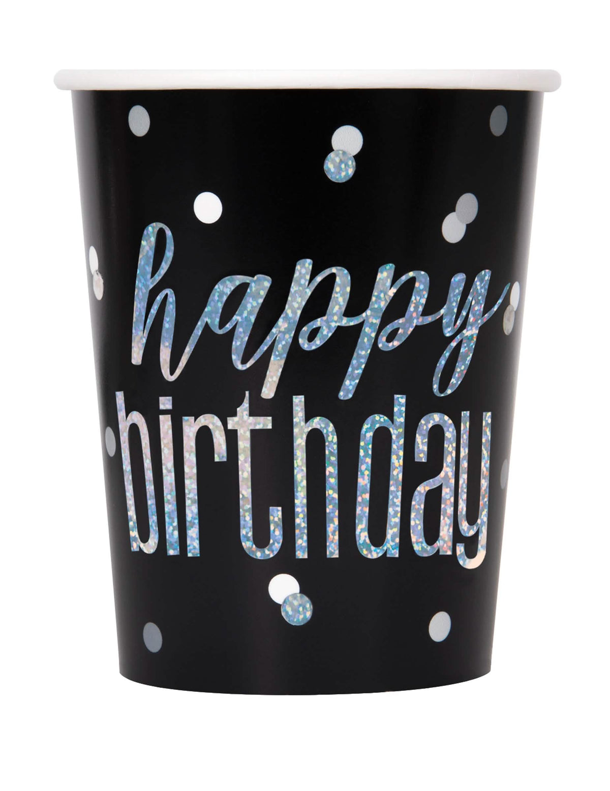 Gobelets en carton Happy Birthday pour fête noirs et gris avec confettis brillants