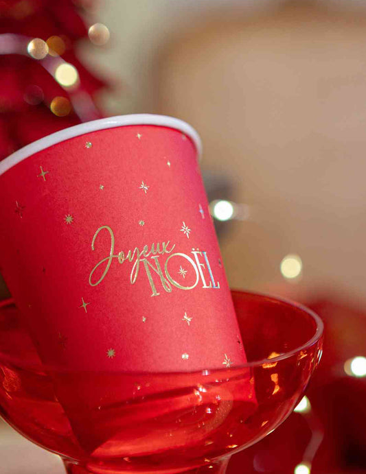 8 rote Becher Frohe Weihnachten mit Golddruck 25,5 cl