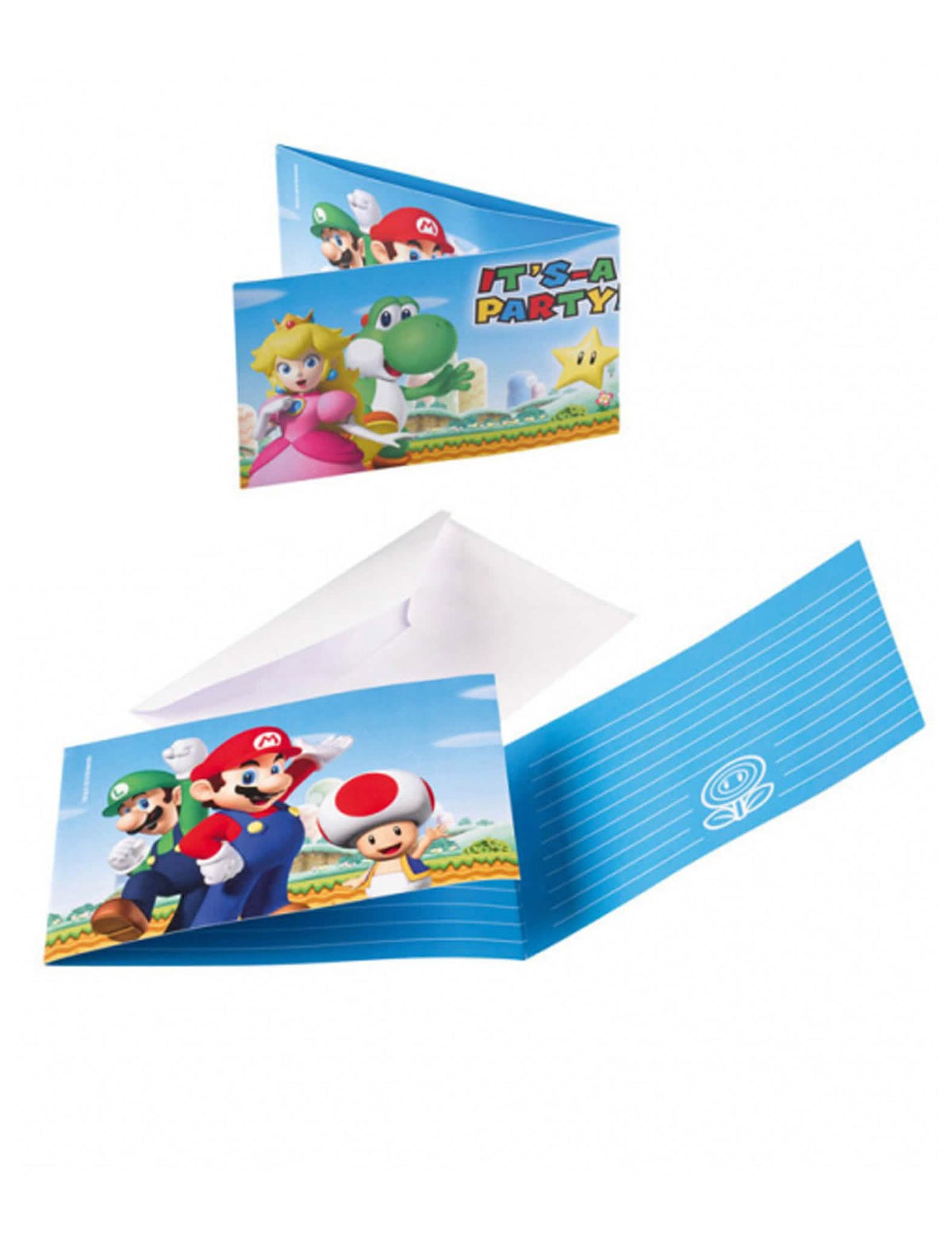 Super Mario Einladungen und Umschläge für Kinder, blau mit Figuren und weißen Umschlägen