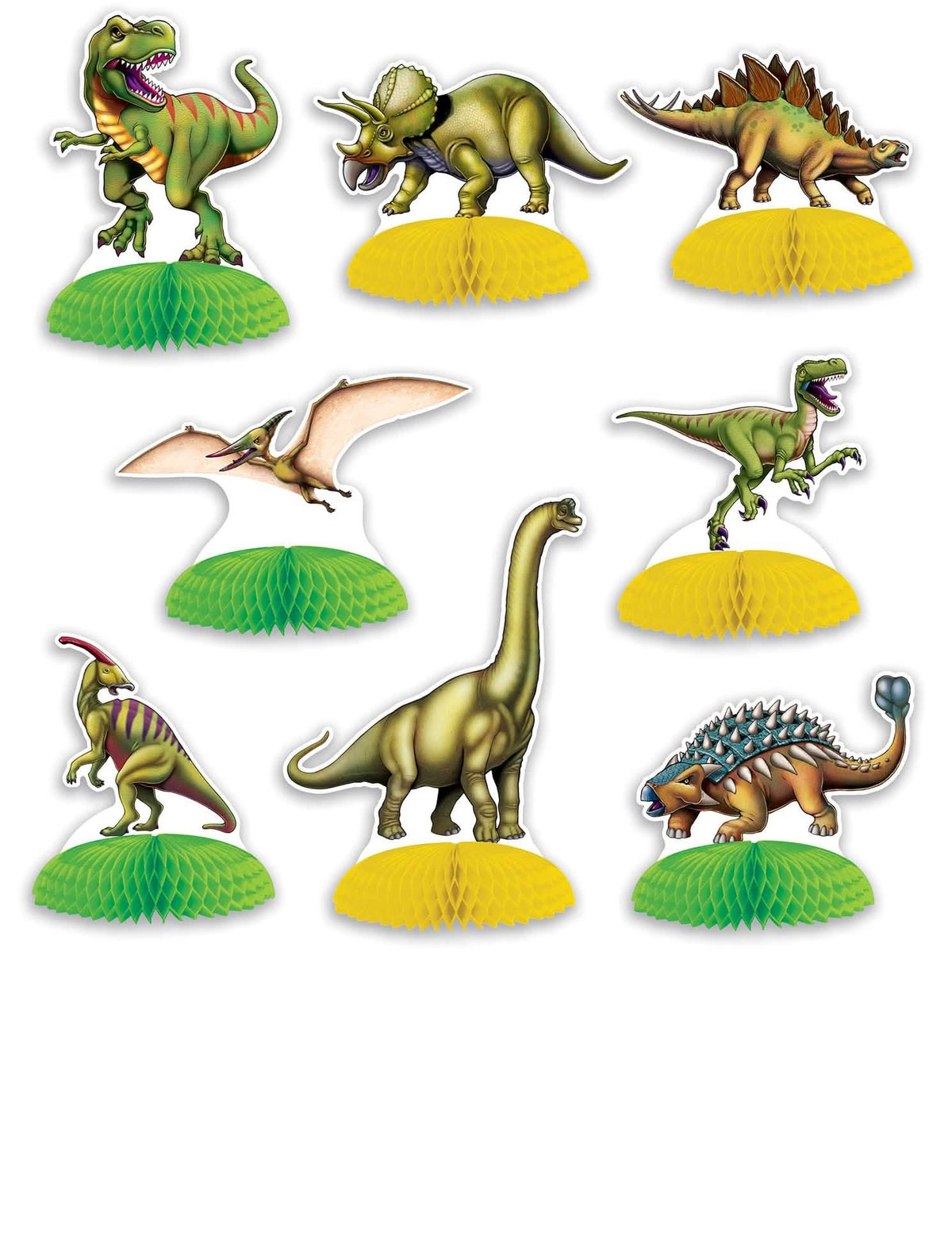 8 kleine Dinosaurier-Tischdekorationen für Kinder, grün und gelb