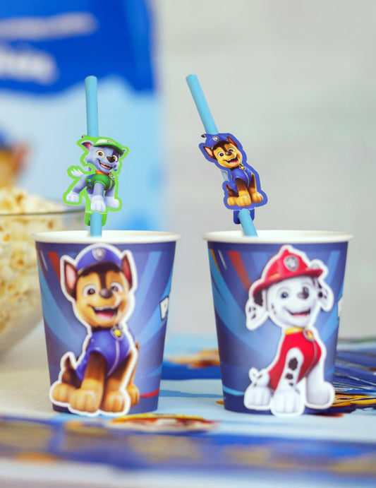 8 Blaue Papier-Strohhalme PAW Patrol™ mit Abzeichen