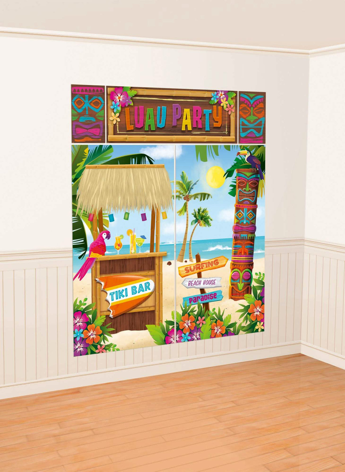 Hawaii-Hintergrund für Party-Set mit 5 Postern mit Tiki-Bar und Bunt-Totem