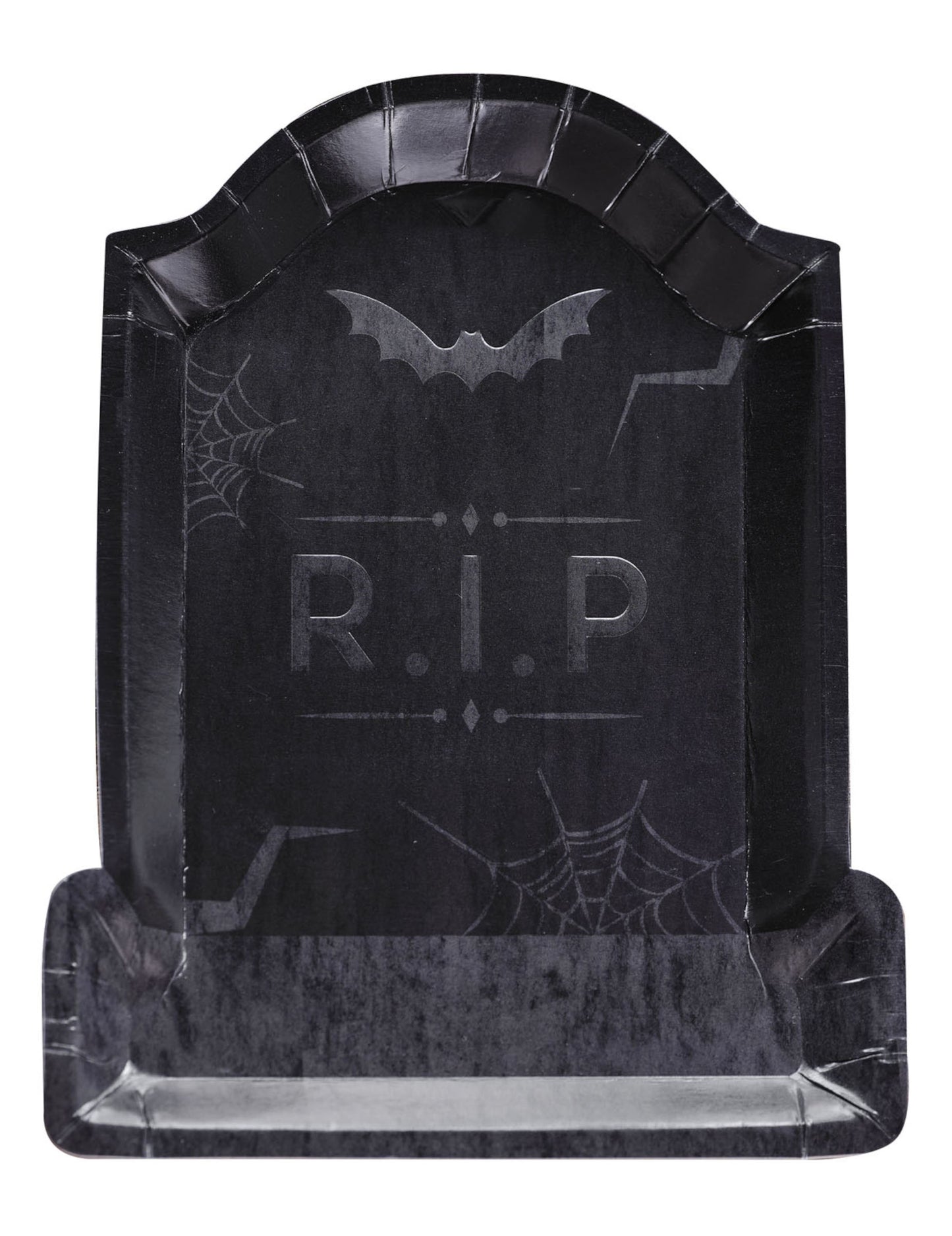 Assiettes en carton pierre tombale RIP pour Halloween noires avec motifs chauve-souris et toiles d'araignée