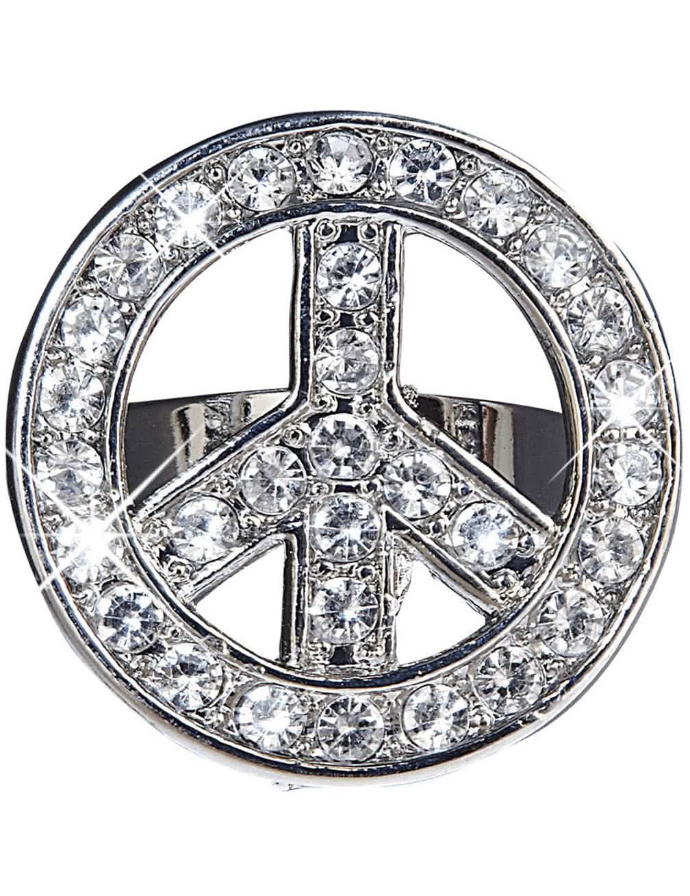 Hippie-Ring für Erwachsene, silbern, mit Strass in Form von peace and love