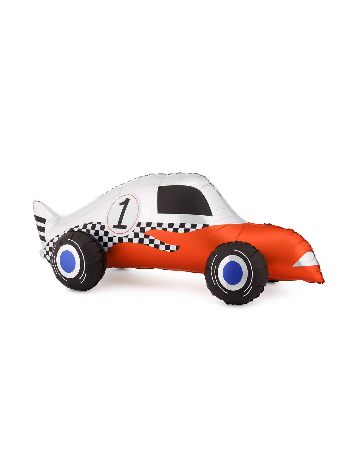 Ballon aluminium Voiture de course orange et argenté avec motif damier