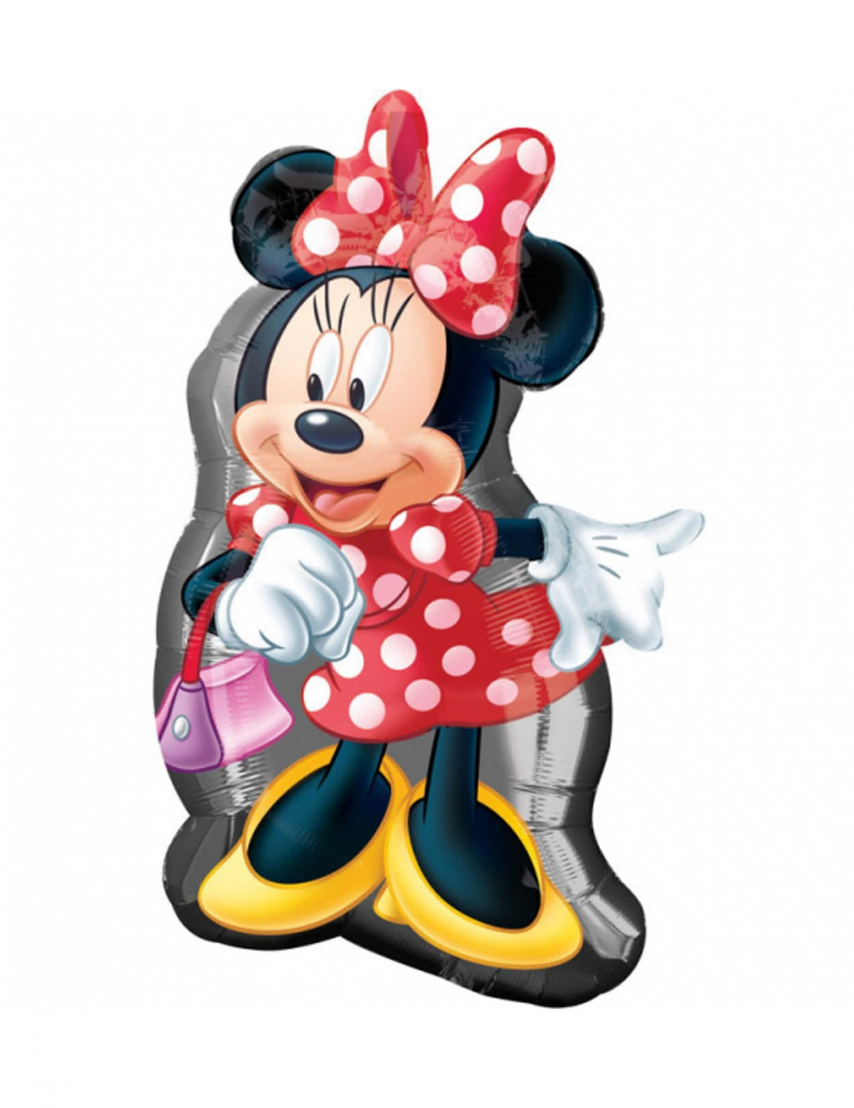 Ballon aluminium Minnie rouge à pois blancs avec nœud et sac à main rose