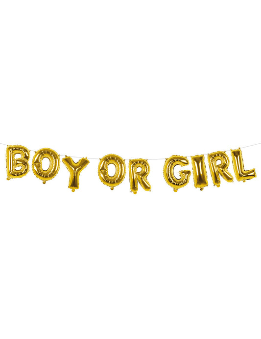 Vue de face de la guirlande de ballons aluminium lettres boy or girl pour baby shower