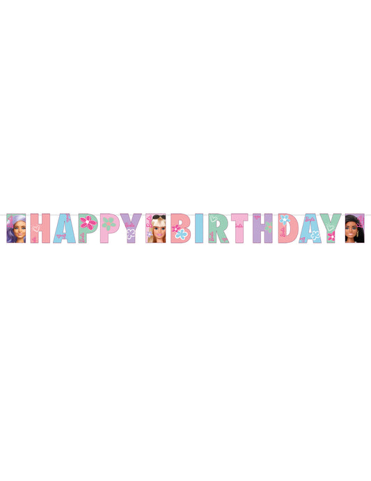 Vue de face de la bannière en papier Happy Birthday Barbie Sweet Life