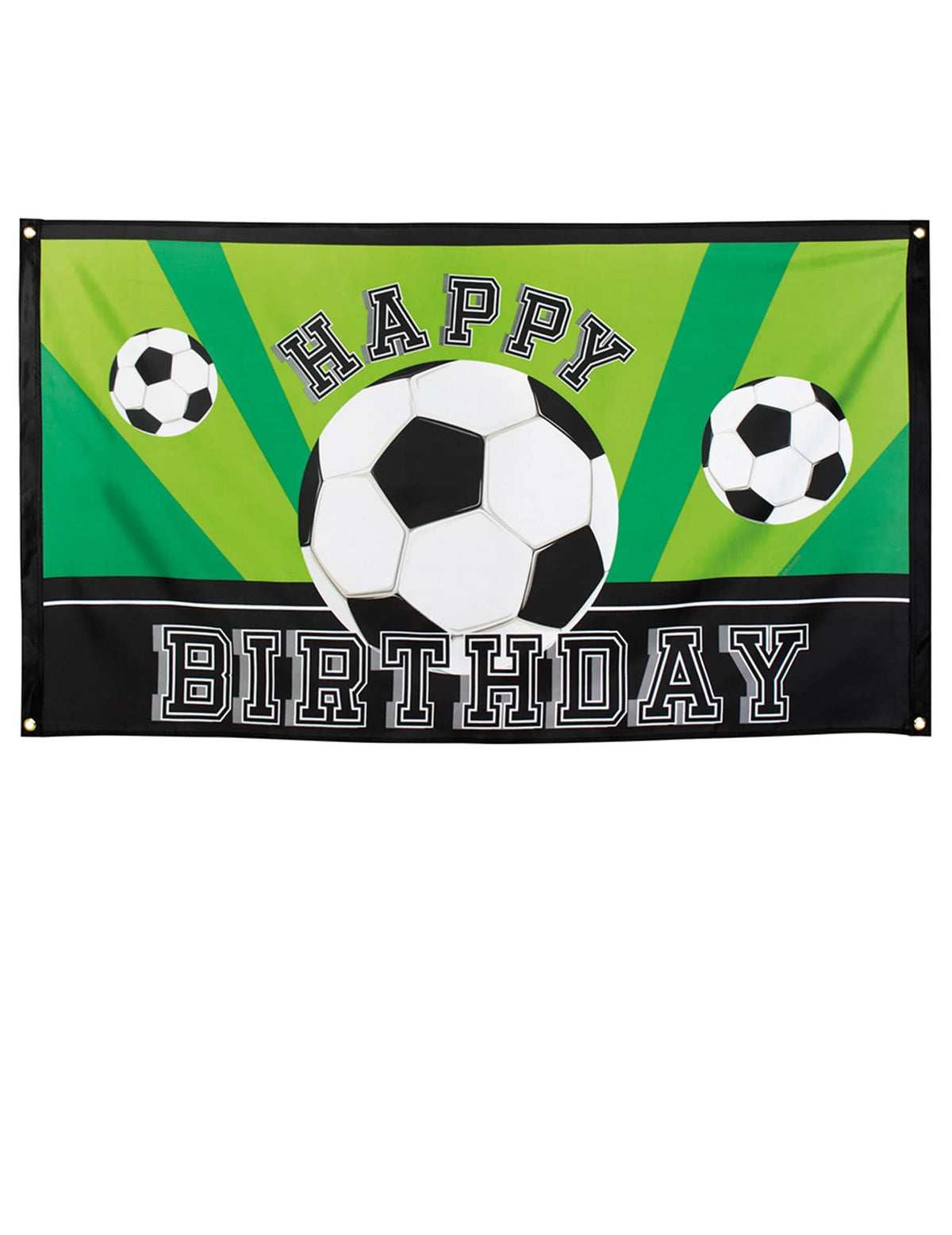 Banner Happy Birthday Football-Party für Geburtstag grün und schwarz mit Fußball-Luftballons