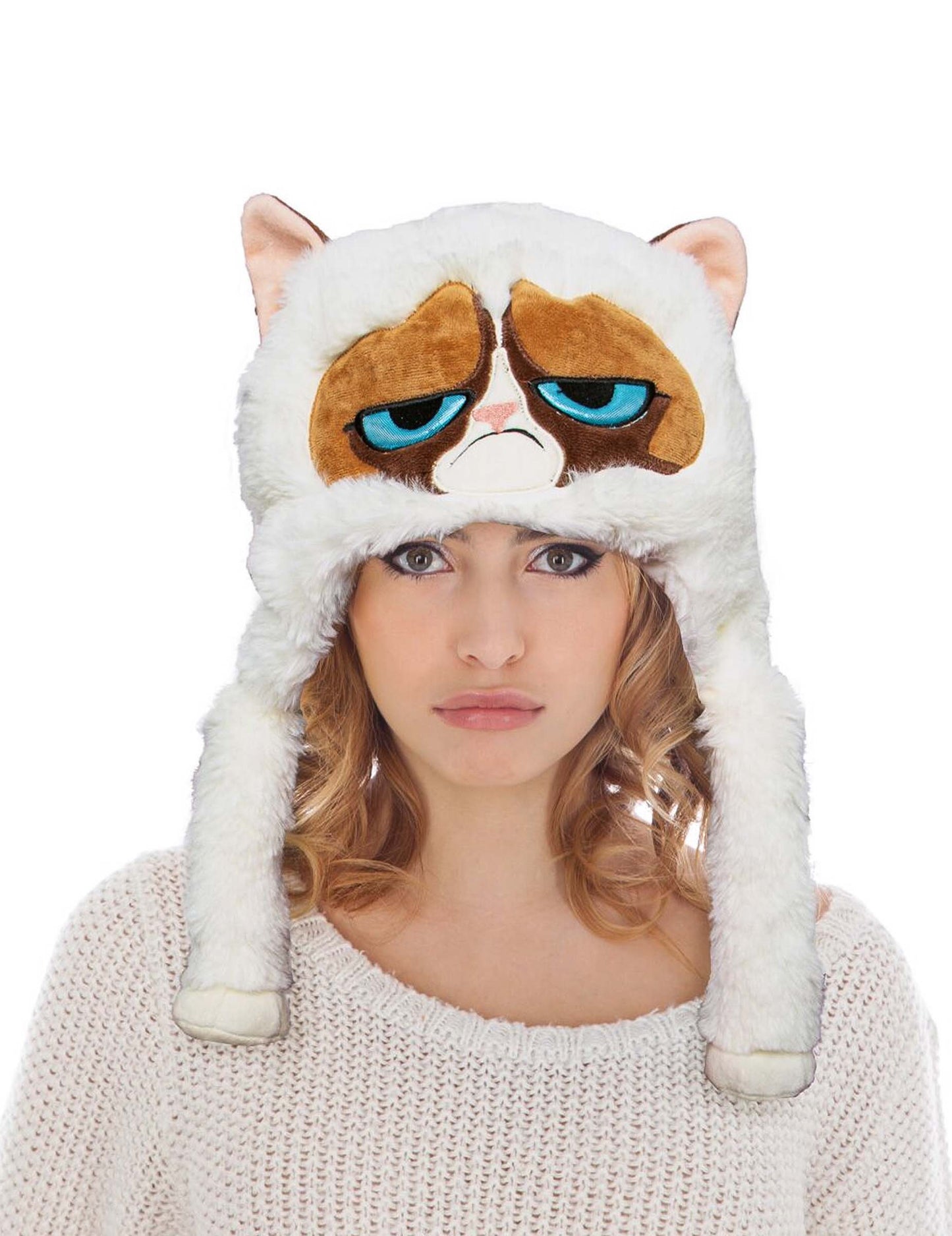 Bonnet Grumpy cat™ pour adulte blanc et marron en fausse fourrure