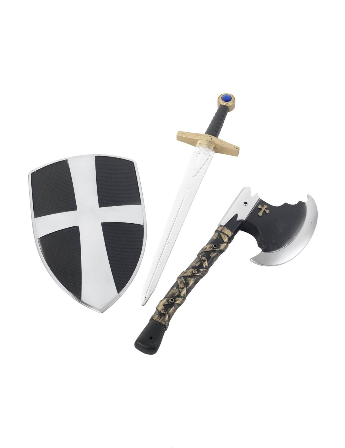 Vue d'ensemble du bouclier épée et hache de chevalier médiéval pour enfant