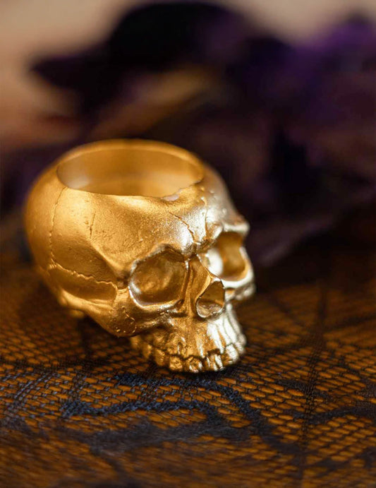 Goldener Totenkopf-Kerzenhalter aus Kunstharz 8 x 6 cm