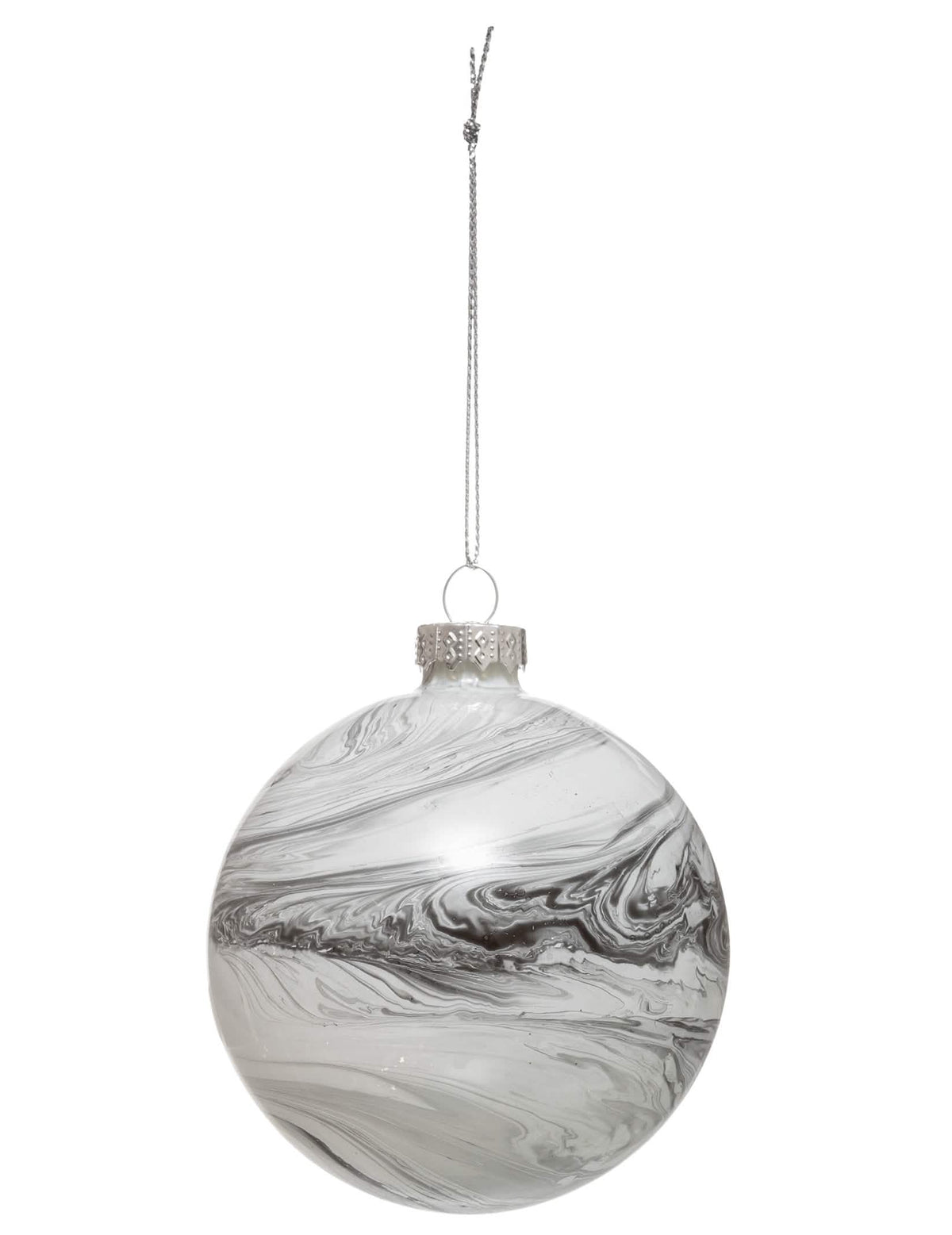 Boule de noël en verre effet marbre gris et blanc