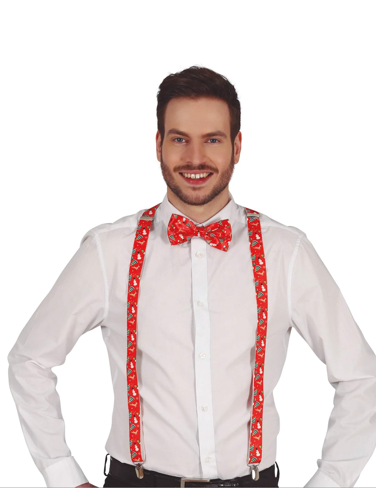 Bretelles de Noël pour adulte rouges à motifs avec noeud papillon assorti