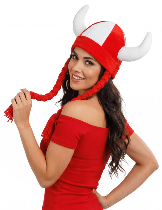 Stoffhelm mit Hörnern und Zöpfen, Fan weiß und rot