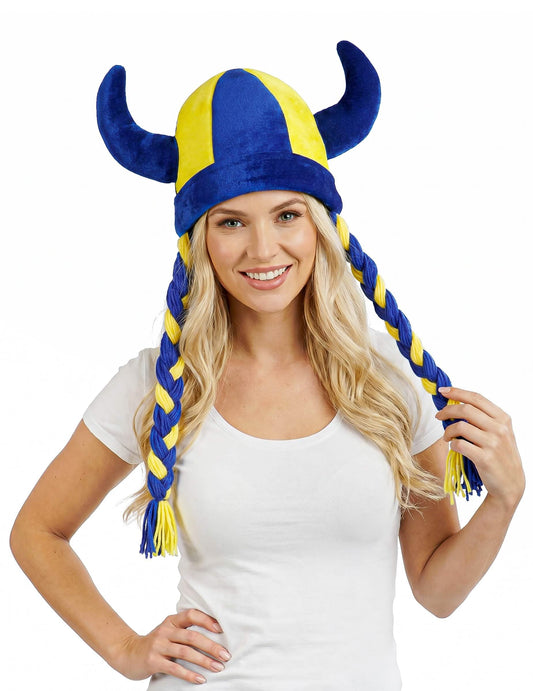 Stoffhelm mit Hörnern und Zöpfen, Fanartikel in Blau und Gelb Schweden