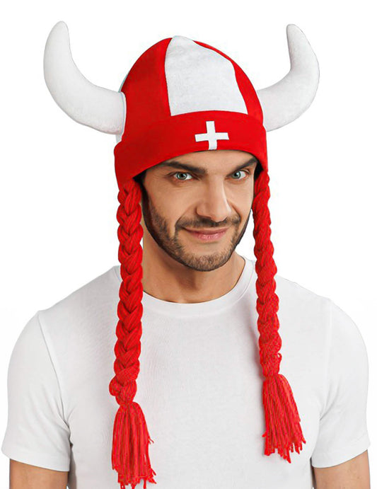 Stoffhelm mit Hörnern und Zöpfen Schweizer Fan