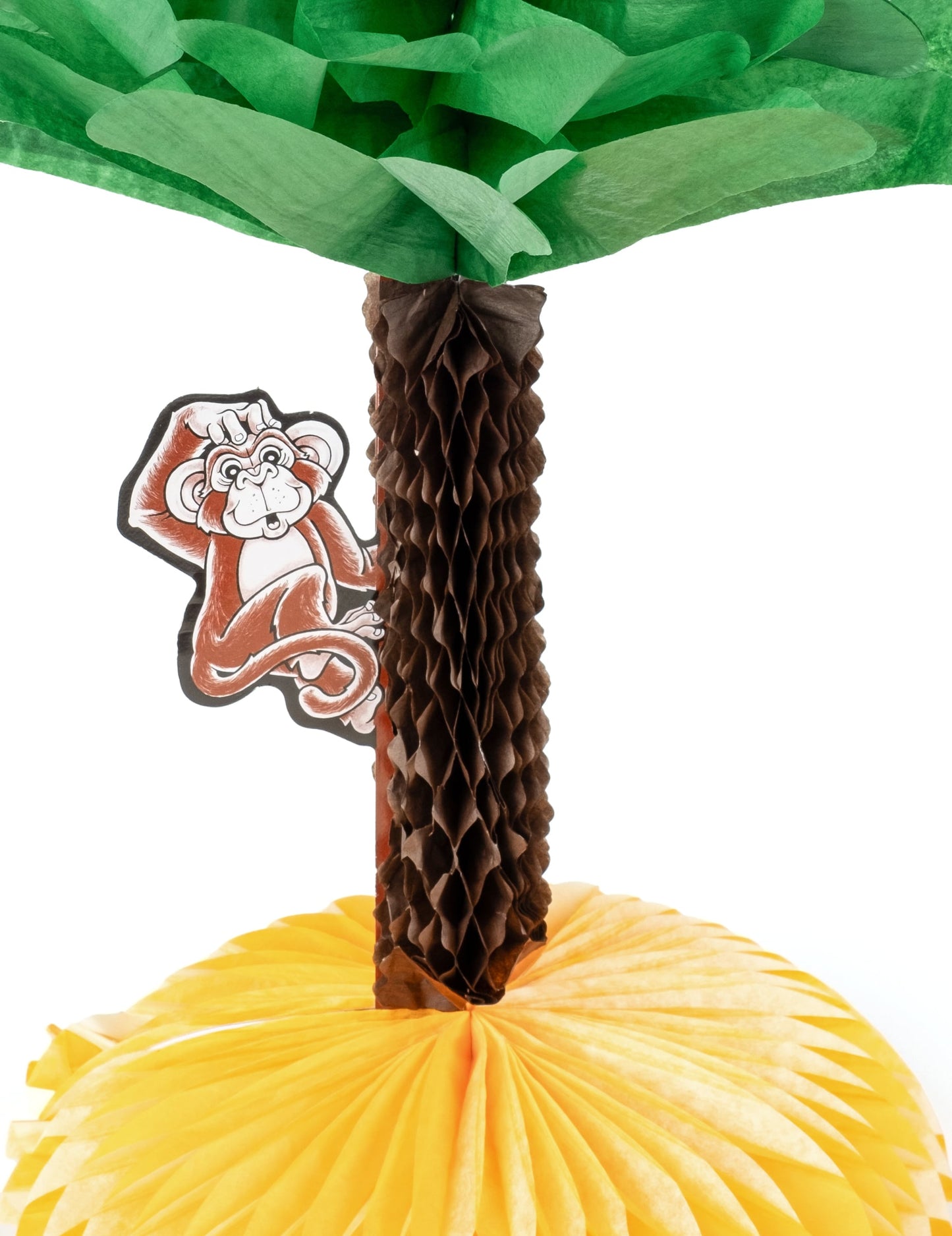 Détail du singe et du tronc du centre de table en papier palmier Hawaï avec singe