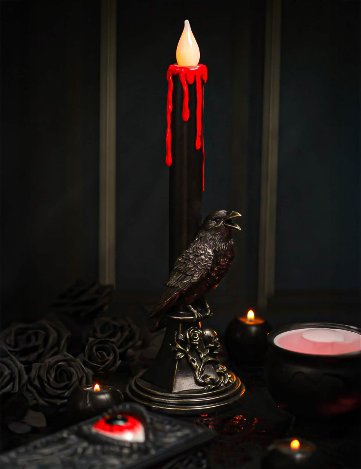 Halloween LED-Kerzenständer Rabe und Totenschädel 45,5 cm