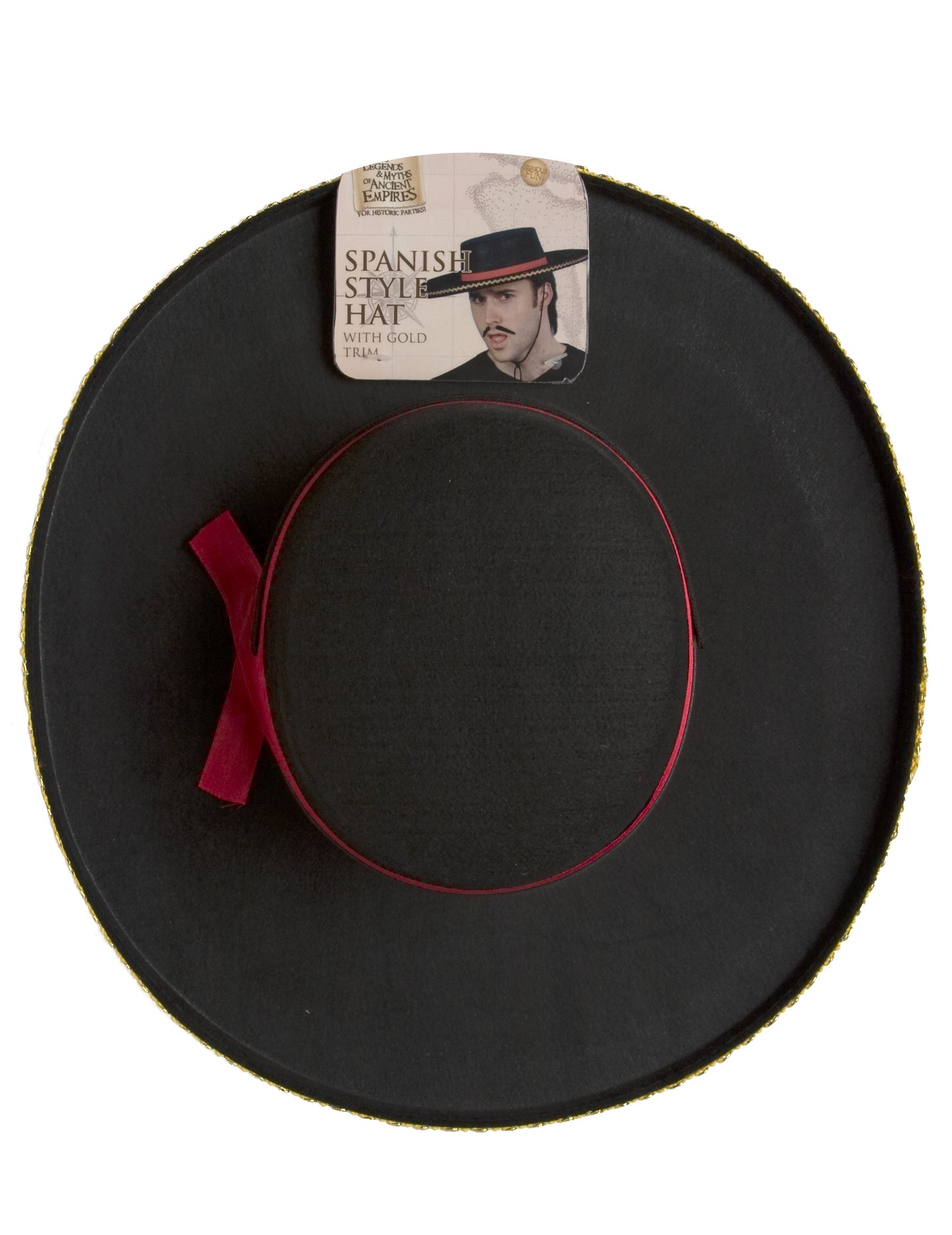 Chapeau espagnol pour adulte noir avec ruban rouge et bordure dorée
