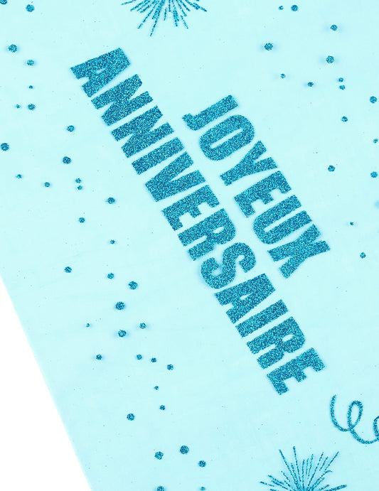 Détail de l'inscription à paillettes du chemin de table organza joyeux anniversaire