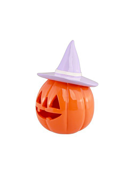 Summerween Deko-Kürbis in Orange mit fliederfarbenem Hut 17 cm
