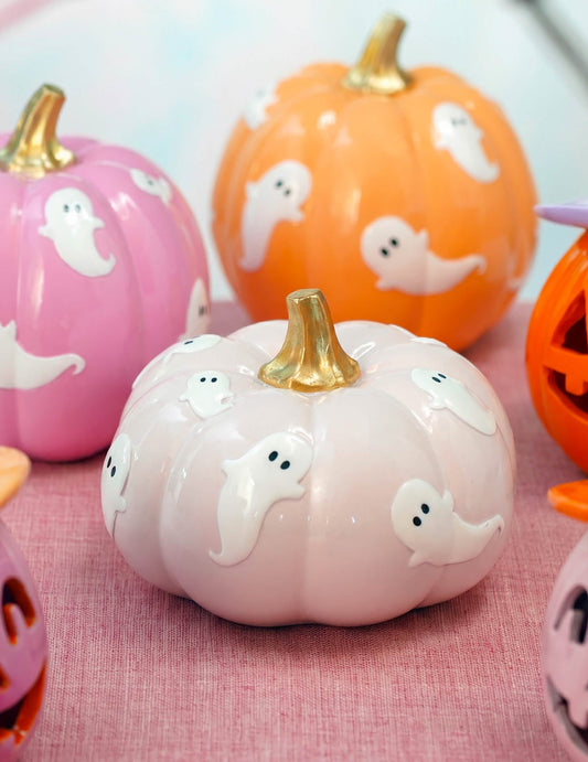 Summerween Kürbis Deko Pastellorange mit weißen Gespenstern 14,8 cm